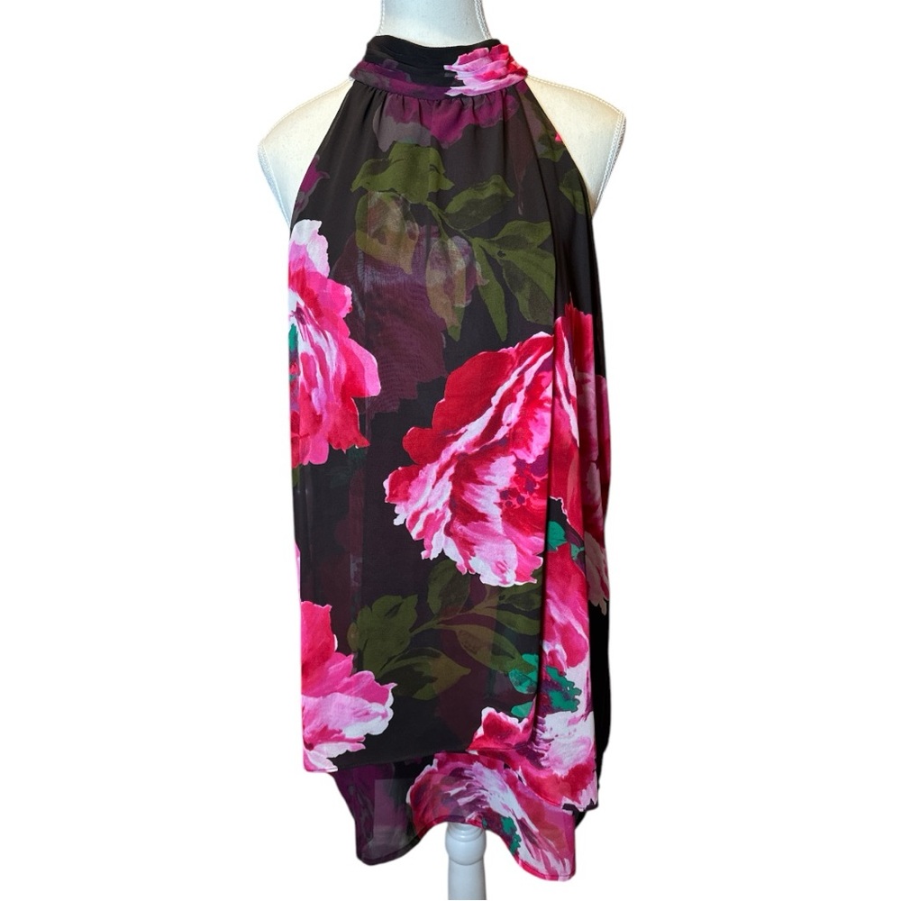 London Times Black Halter Mini Dress with Pink Floral Print